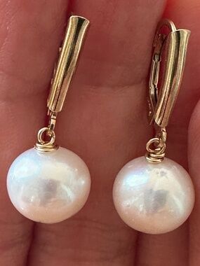 11.2mm White Cultured Freshwater Pearls 14K GF Shield Leverback Earrings